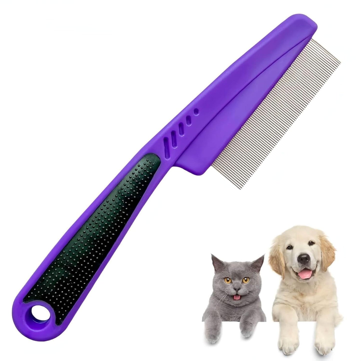 Flea Comb with Rubber Handle, Professional Fine Teeth Grooming Comb for Dogs & Cats (Purple)