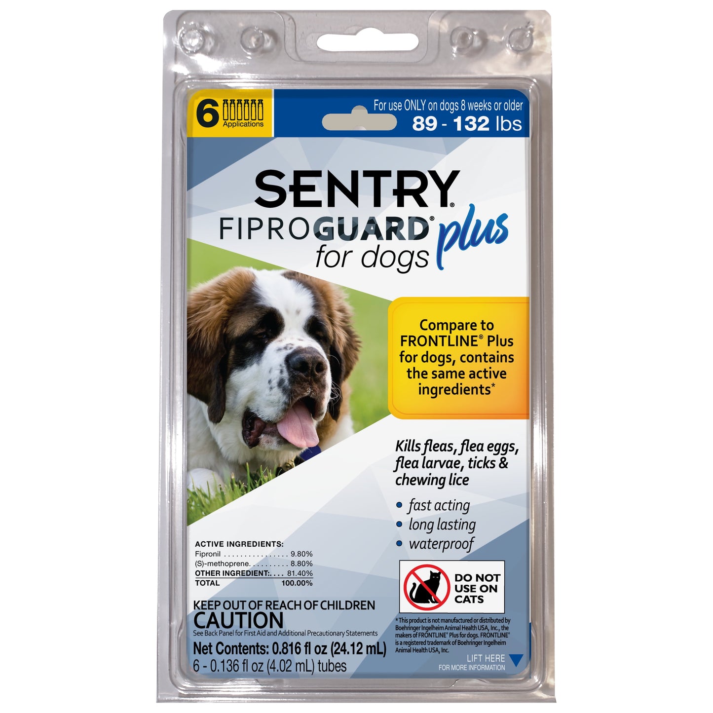 SENTRY FiproGuard Plus Flea and Tick Topical Treatment for Dogs 89-132 lbs, 6 Count