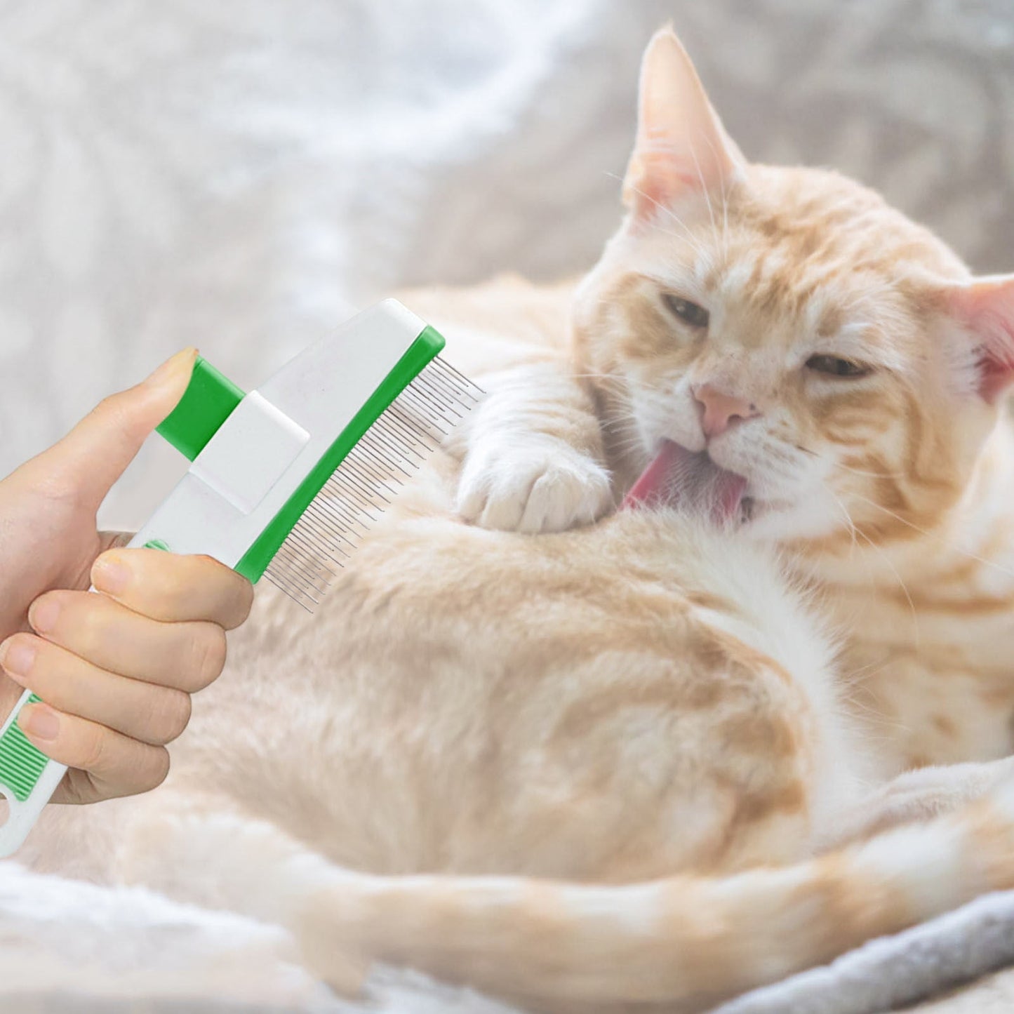 Self-Cleaning Pet Comb with Release Button, Dual-Sided Flea Comb for Cats/Dogs, Stainless Steel Grooming Brush for Shedding Hair Removal