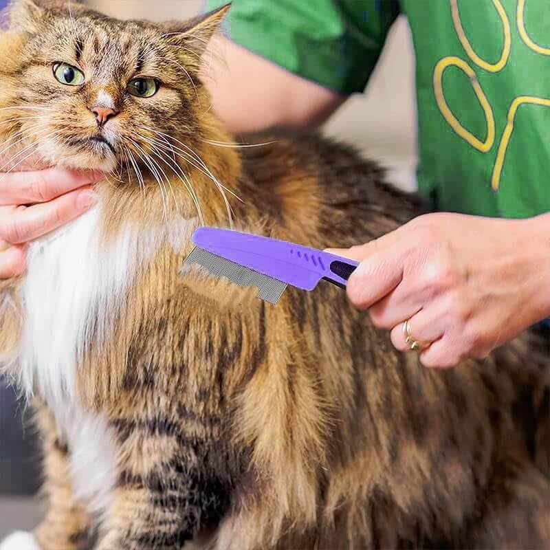 Flea Comb with Rubber Handle, Professional Fine Teeth Grooming Comb for Dogs & Cats (Purple)