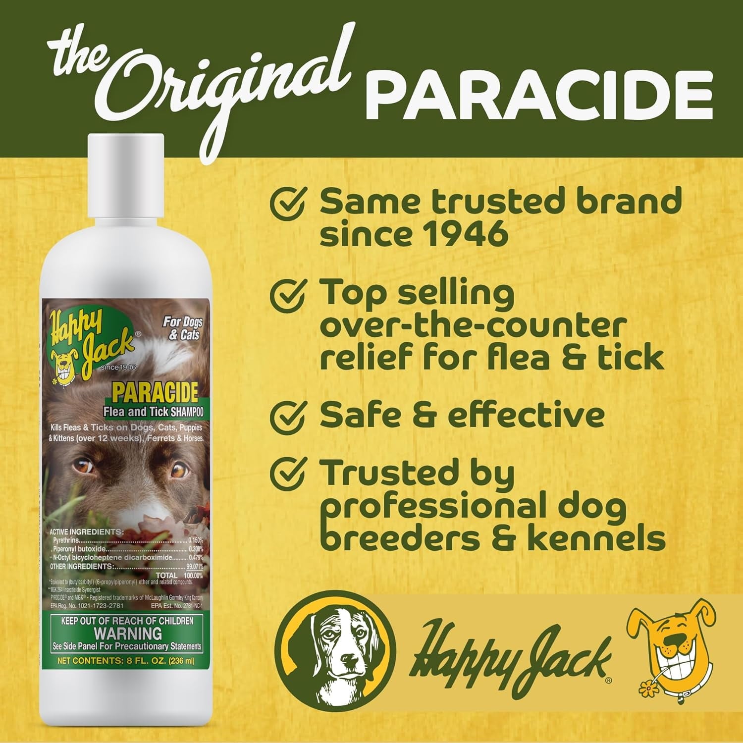 Happy Jack Paracide Flea and Tick Shampoo for Dogs, Cats, Ferrets and Horses, 8 oz