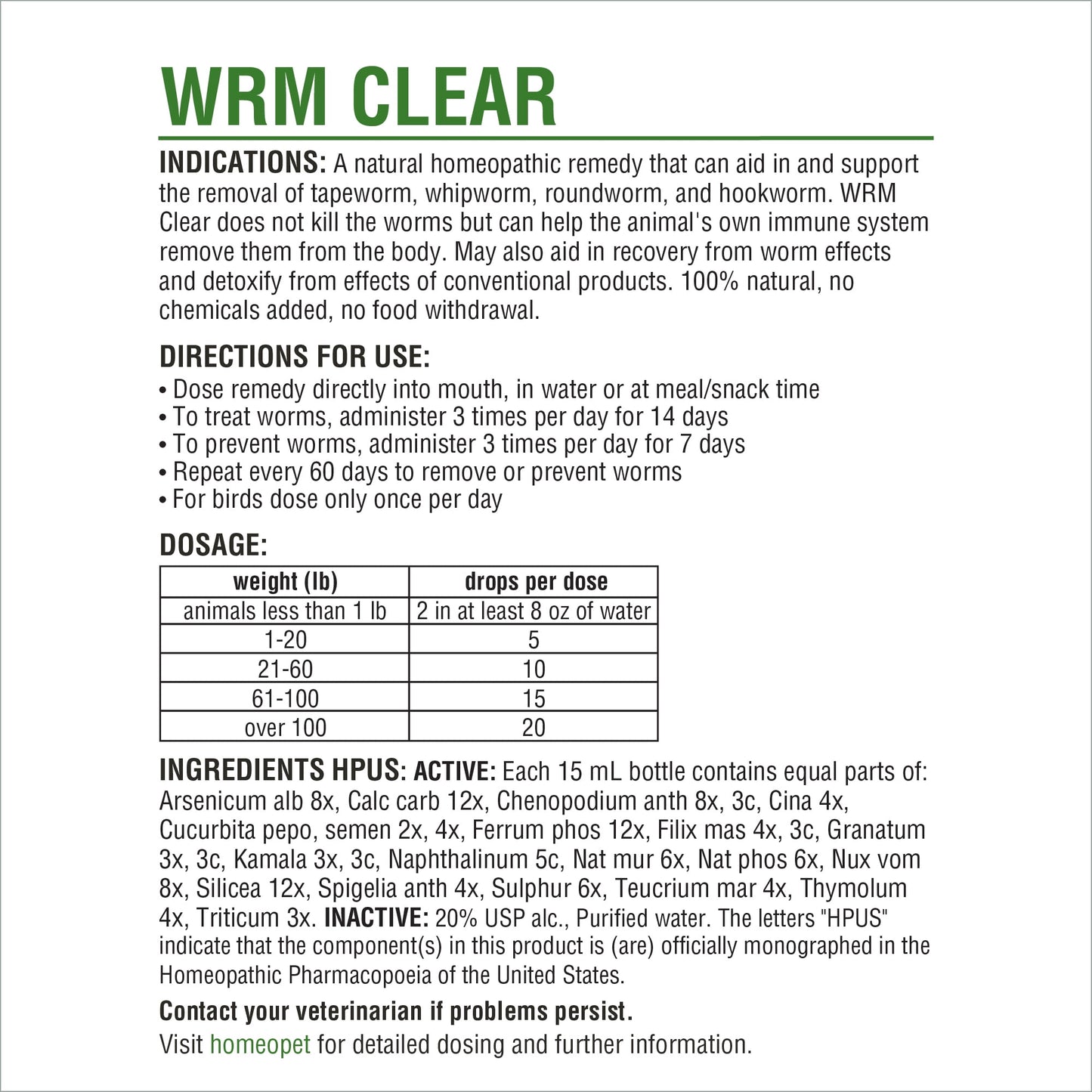 HomeoPet WRM Clear Broad-Spectrum Multispecies Parasite Treatment Solution, 15-Milliliter Bottle