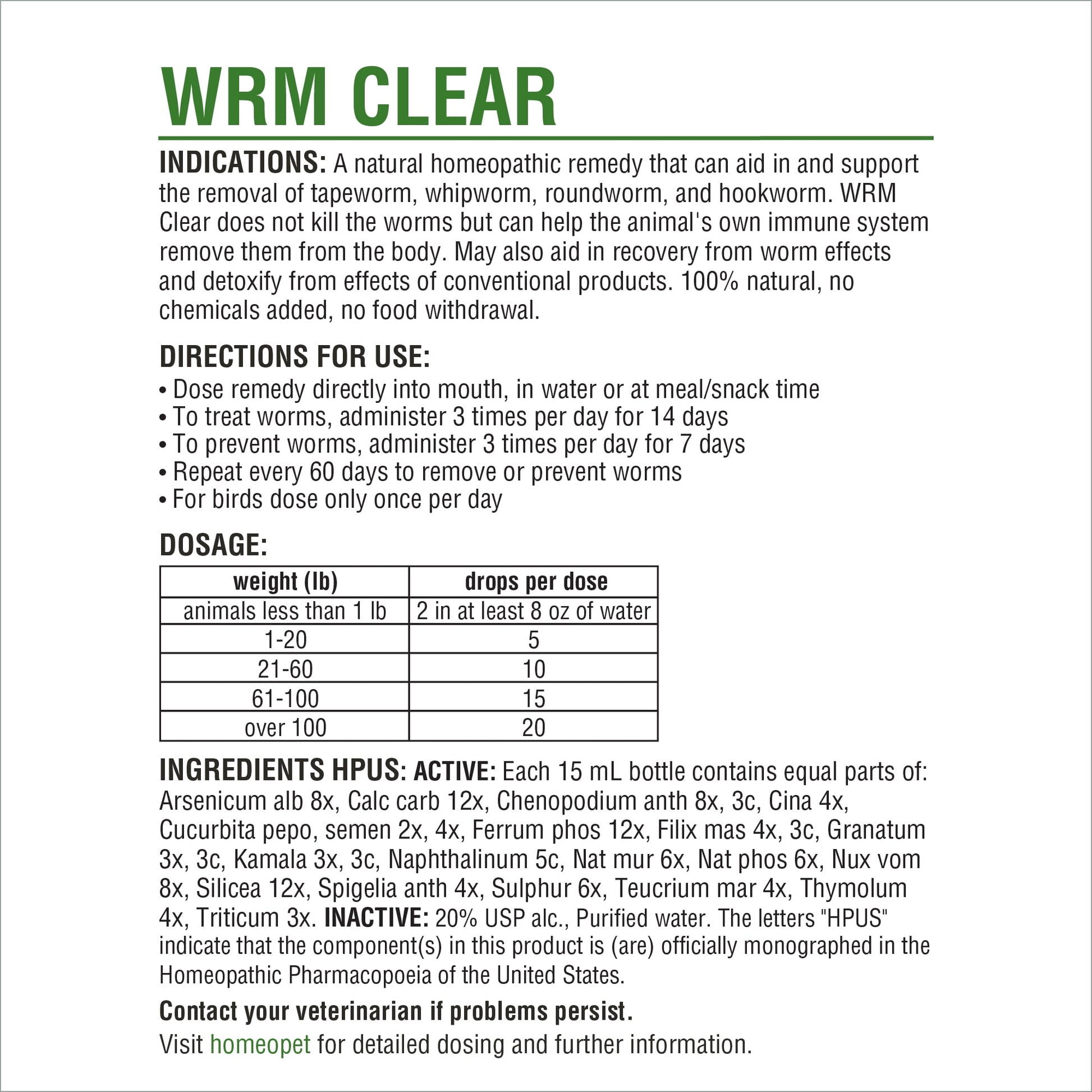 HomeoPet WRM Clear Broad-Spectrum Multispecies Parasite Treatment Solution, 15-Milliliter Bottle
