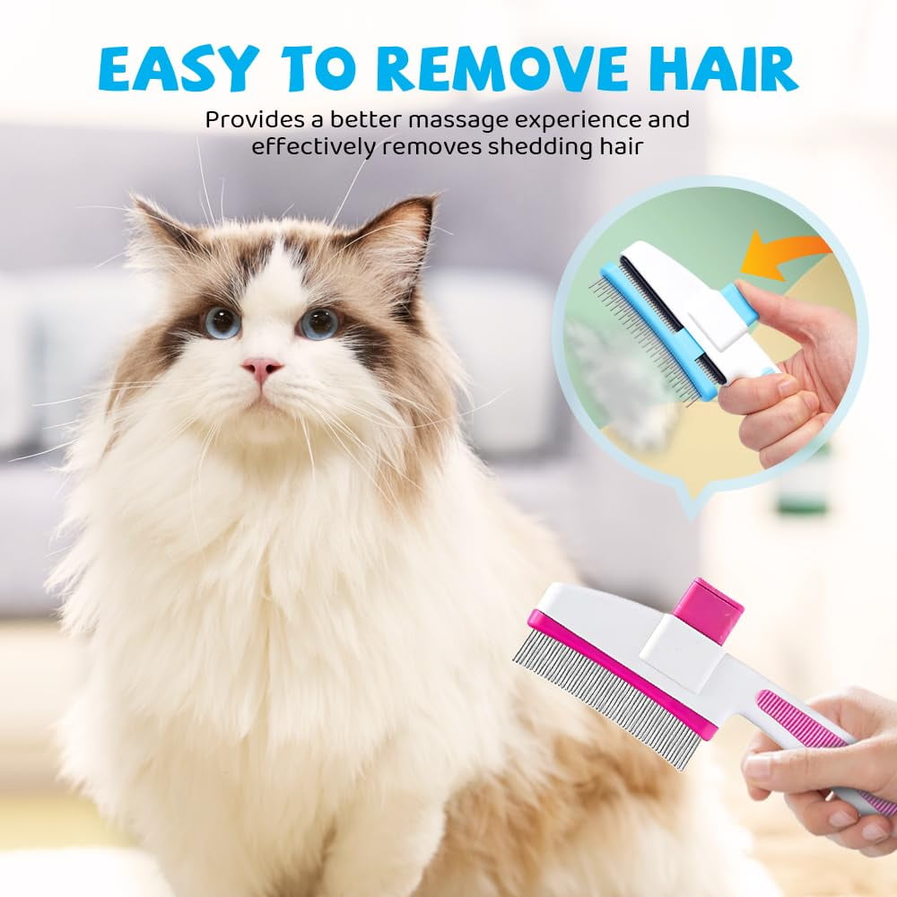 Changmaius Pet Hair Removal Comb - Flea Comb with One-Click Self-Cleaning, Soft Stainless Steel Bristles, Non-Slip Handle for Dogs and Cats Shedding