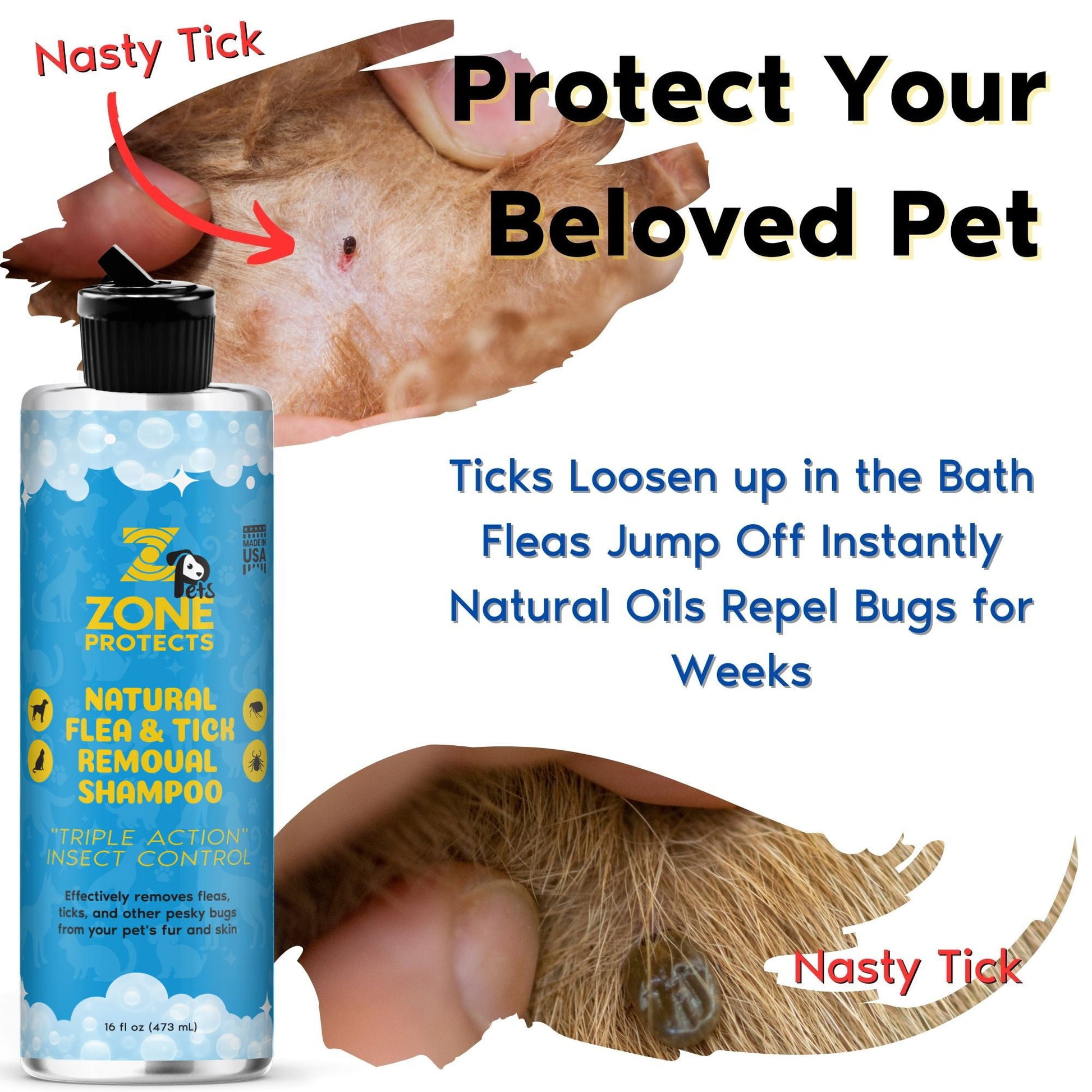 Zone Protects Pets Natural Flea & Tick Removal Shampoo; Natural Citrus Scent, Removes Pests and Protects