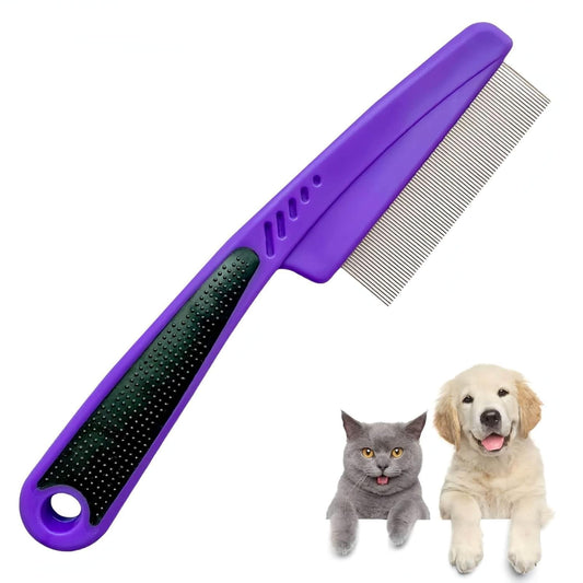 Flea Comb with Rubber Handle, Professional Fine Teeth Grooming Comb for Dogs & Cats (Purple)