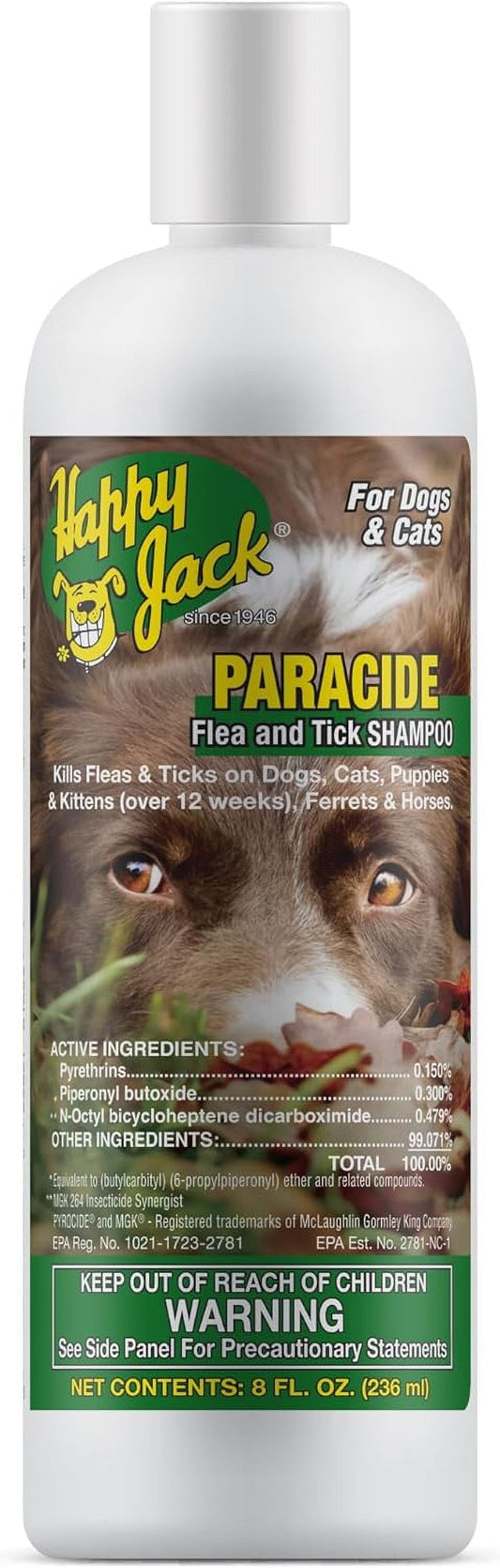 Happy Jack Paracide Flea and Tick Shampoo for Dogs, Cats, Ferrets and Horses, 8 oz