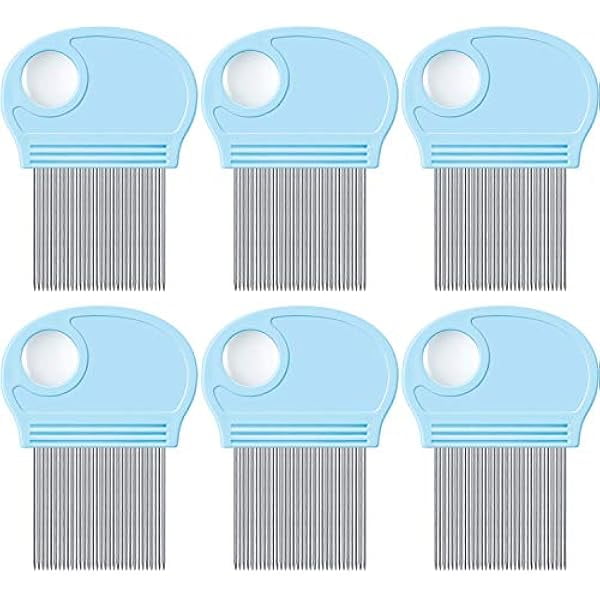 Saluqifa 6 Pieces Head Lice Remover Nit Removal Hair Comb with Magnifier, Fine Metal Teeth Tool for Dogs Cats Pet Human Grooming and Removing Dandruff Flakes/Lice Eggs, Sky Blue