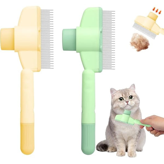 Saluqifa Cat Dog Comb Pet Hair Removal Tool Flea Comb for Cats and Dog Lice Combs Cat Brush with Release Button Self-Cleaning with Stainless Steel Metal Teeth(Yellow+Green）