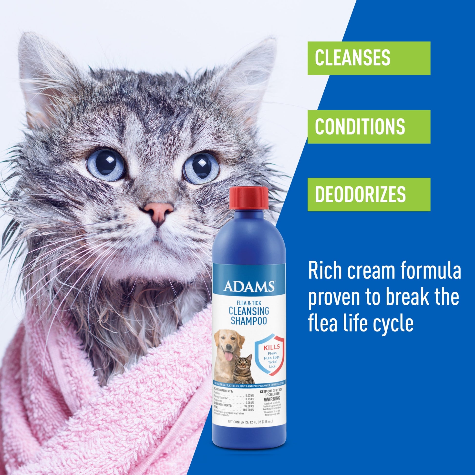 Adams Flea & Tick Cleansing Shampoo for Cats and Dogs, 12 ounces