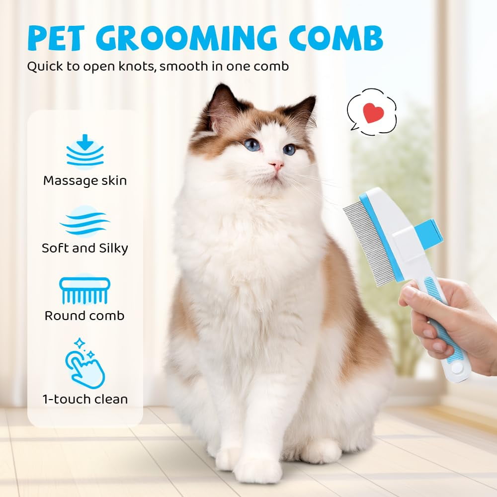 Changmaius Pet Hair Removal Comb - Flea Comb with One-Click Self-Cleaning, Soft Stainless Steel Bristles, Non-Slip Handle for Dogs and Cats Shedding