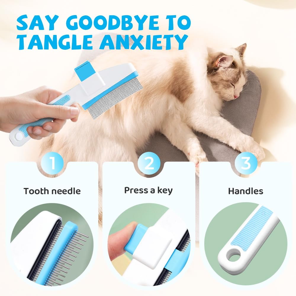 Changmaius Pet Hair Removal Comb - Flea Comb with One-Click Self-Cleaning, Soft Stainless Steel Bristles, Non-Slip Handle for Dogs and Cats Shedding